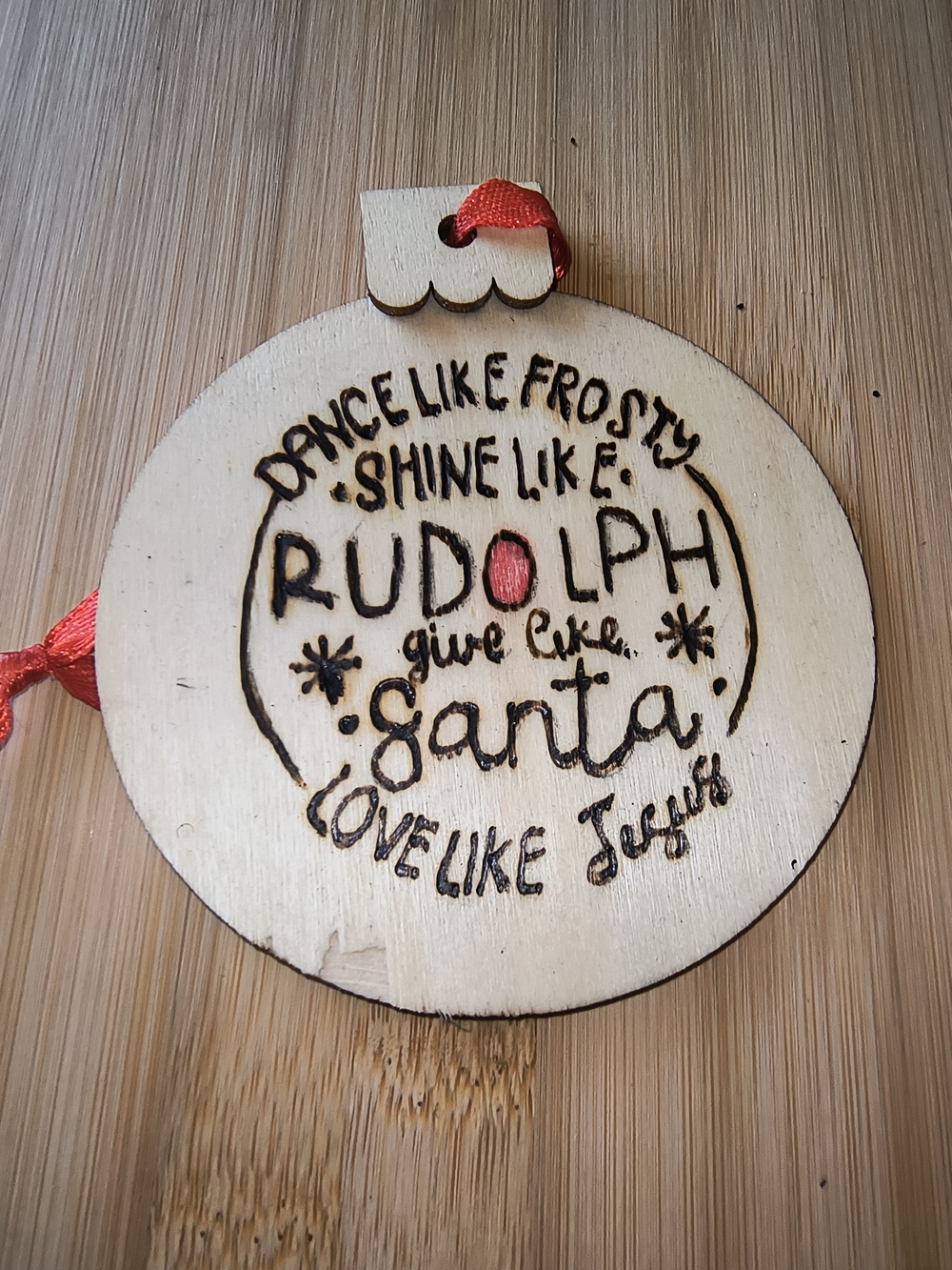 Hand Crafted Wooden Rudolph Ornament with Red Ribbon